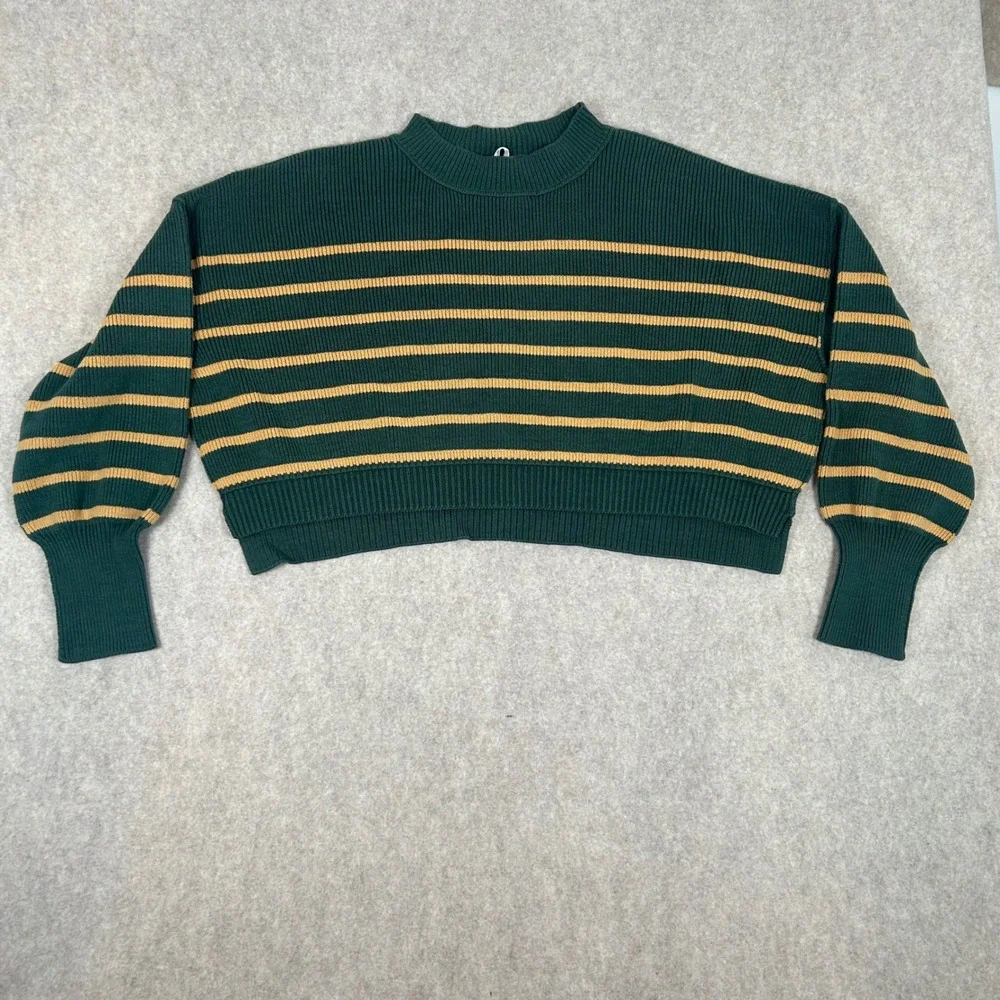 Free People Sweater Women Large Green Striped Cropped Mock Neck Balloon Sleeve